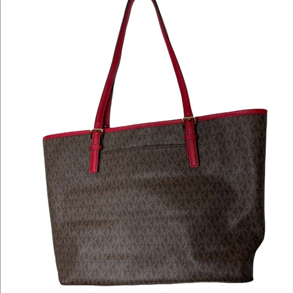 Michael Kors Jet Set Travel Medium Carryall Tote Brown MK Signature Scarlet Red - Picture 5 of 12